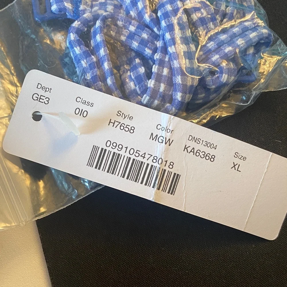 J. Crew Blue & White Ruffle bandeau bikini top in tiny gingham. Size XL.